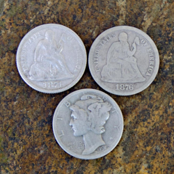 Pièces de 10 cent de Mercure en argent de 1919, de Liberty assise de 1876 et 1871, trouvées par Rodney F.