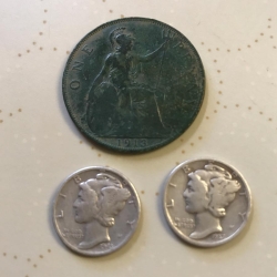 1913 King George V copper and two silver Mercury dimes, found by Dusty B.