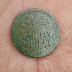 1865 2 cent peice, found by Shane L.